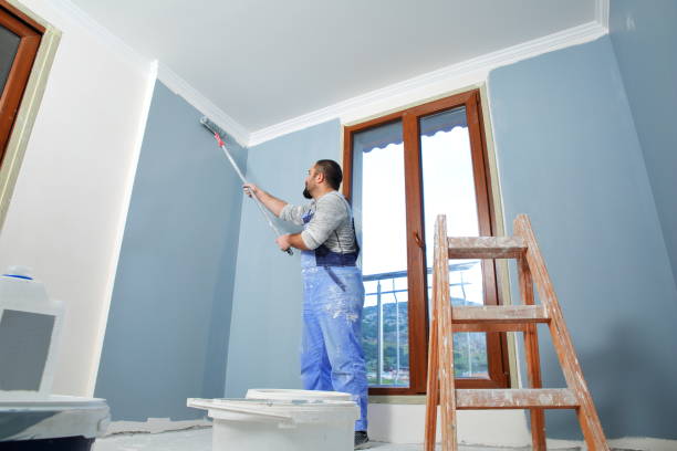 man on ladder painting a house image